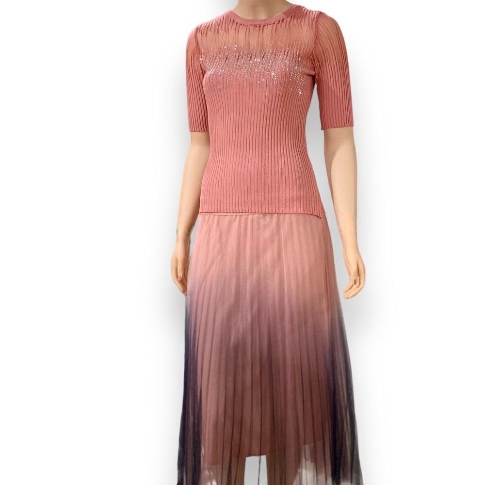 NEW Pink Glam Short Sleeve Waterfall Mesh Diamond Illusion Top